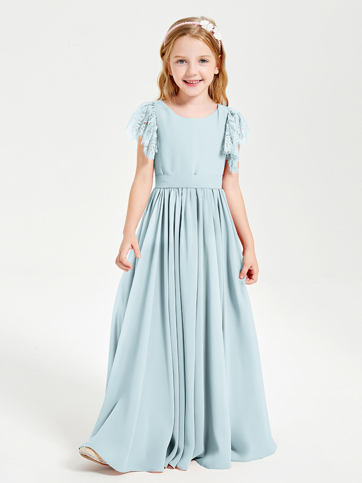 Chiffon Junior Bridesmaid Dresses with Lace Flutter Sleeves Mist